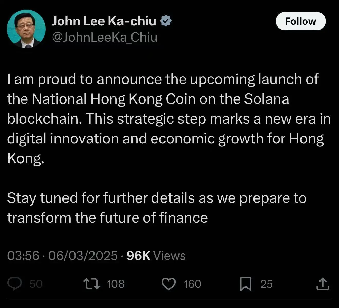 香港特首李家超 X 账户疑似被盗，发布代币相关内容