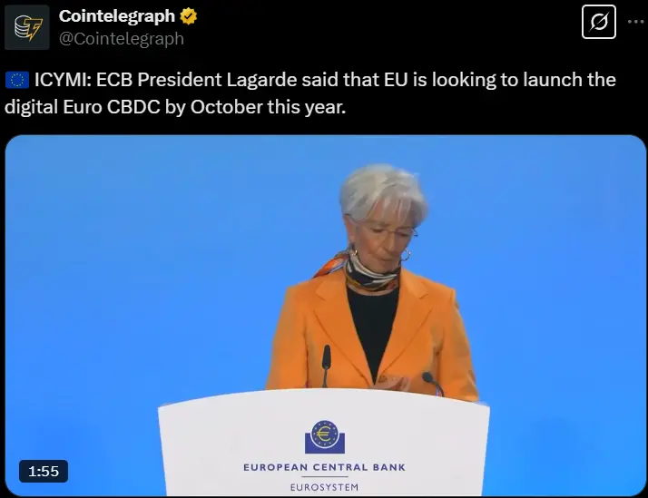 欧洲央行行长：欧盟拟在 10 月推出数字欧元