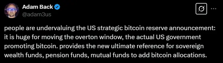 Blockstream 联合创始人:美国比特币战略储备意义重大,为机构资金入场提供权威参考