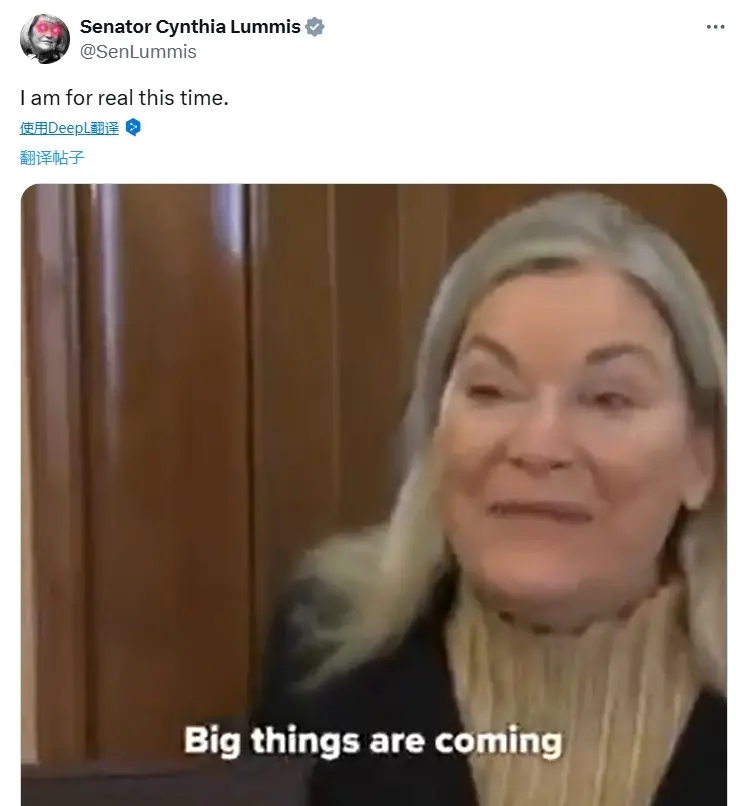 Cynthia Lummis 发布战略比特币储备视频并配文：这次我是认真的