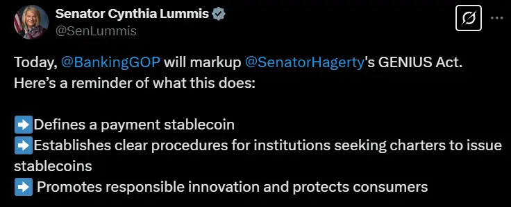 美国参议员 Lummis:美国参议院银行委员会今日将审议稳定币相关 GENIUS 法案