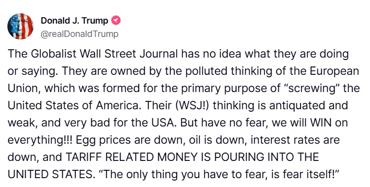 特朗普：华尔街日报的思想既陈旧又软弱，不知道他们在做或说什么
