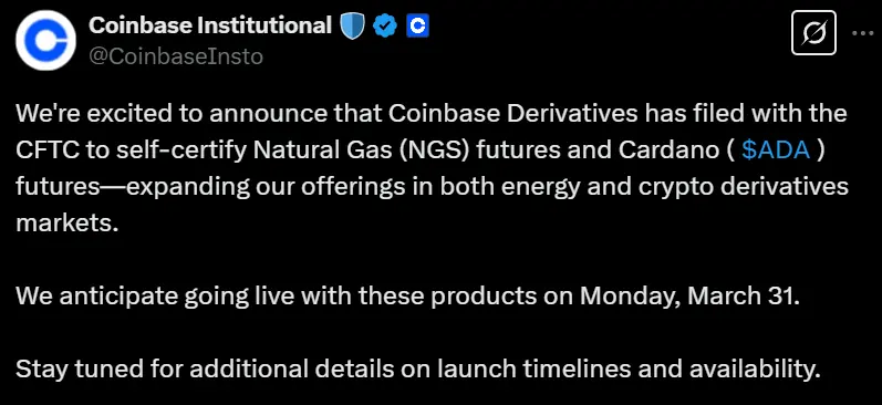Coinbase Derivatives 计划推出天然气和 ADA 期货