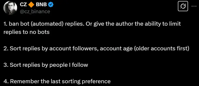 赵长鹏提供 4 项优化 X 评论算法建议，包括禁止机器人自动回复等