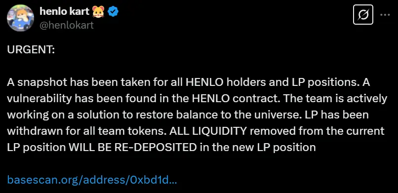 Base 生态项目 Henlo Kart 发现 HENLO 合约漏洞，代币 24 小时跌逾 96%