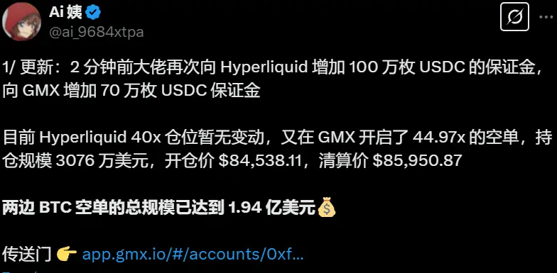 数据：Hyperliquid 50x 巨鲸再次增加 170 万 U 保证金，空单总规模达 1.94 亿美元