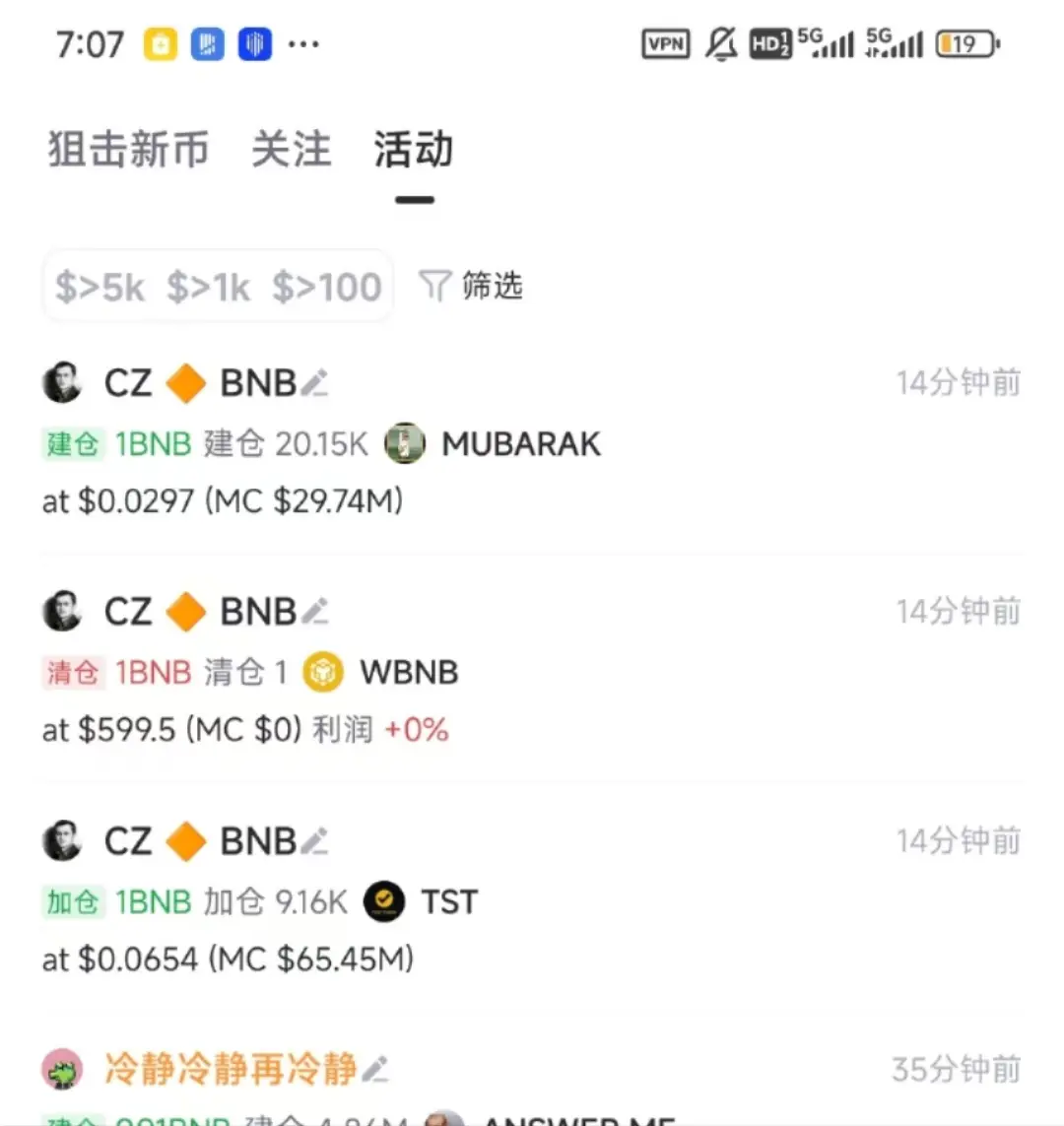 标记为赵长鹏的钱包地址各买入1 BNB 的 TST 及 Mubarak 代币