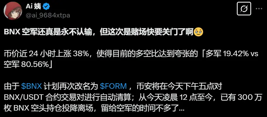 数据：BNX 币价 24 小时上涨 38%，多空比达“19.42% 对 80.56%”