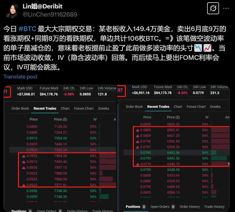 今日 Deribit BTC 大宗期权：某用户卖出 6 月底的 9 万美元看涨期权和 8 万美元看跌期权