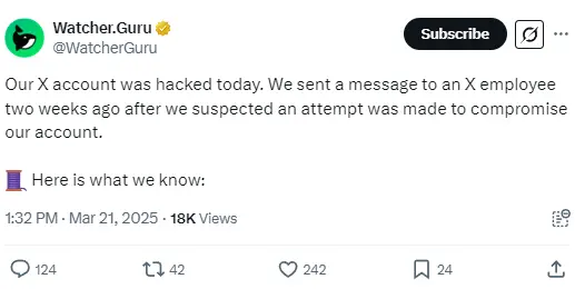 Watcher.Guru:目前无法确认黑客入侵的方式,已联系 X 平台