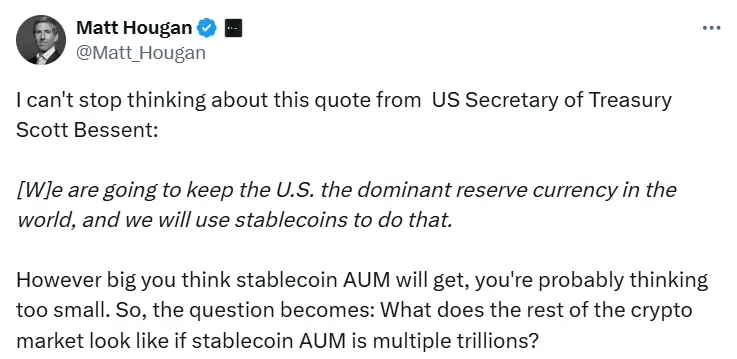 Bitwise CIO:若稳定币规模达数万亿美元,加密市场将被重塑