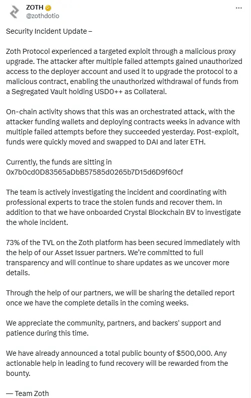 Zoth 发布被盗更新：已设立 50 万美元公开赏金，以资助有价值线索