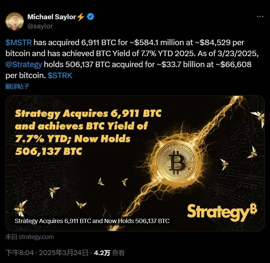 Strategy 增持 6911 枚 BTC，当前总持仓量突破 50 万枚