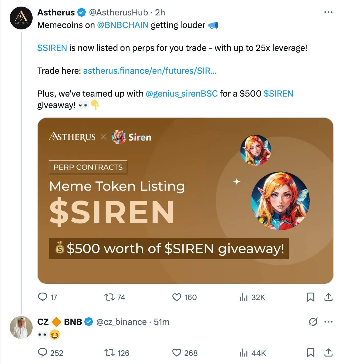 BANANAS31、SIREN、WHY 位列币安投票上币前三名，CZ 与 SIREN 相关帖文互动