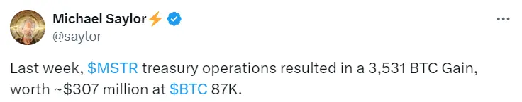 Michael Saylor：MSTR 上周运营获利 3531 枚 BTC，价值约 3.07 亿美元