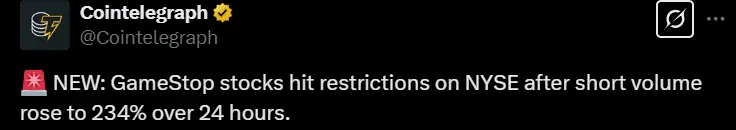 GameStop 股票因空头交易激增 234% 在纽交所受到交易限制