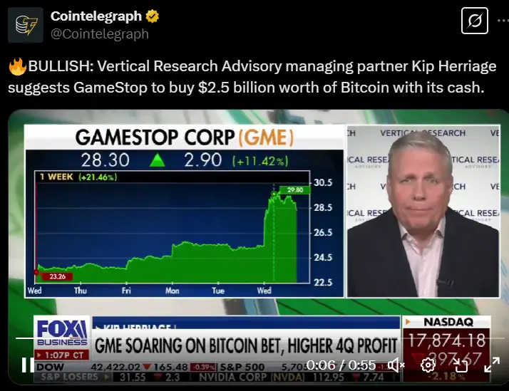 Vertical Research 合伙人建议 GameStop 斥资 25 亿美元购买比特币
