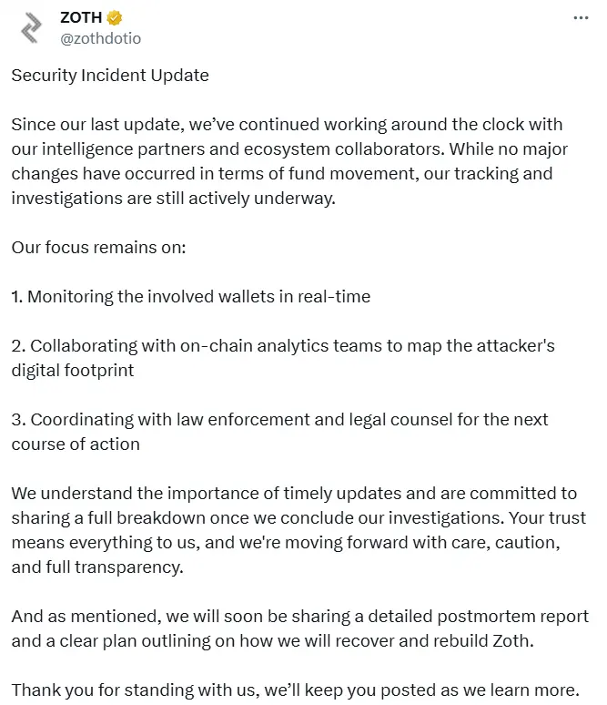 Zoth 更新安全事件调查进展：目前涉事资金尚未发生重大变动