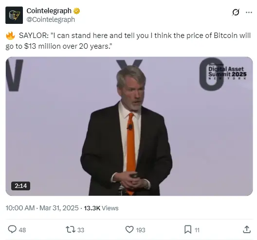 Michael Saylor：预计 BTC 价格将在 20 年内升至 1300 万美元