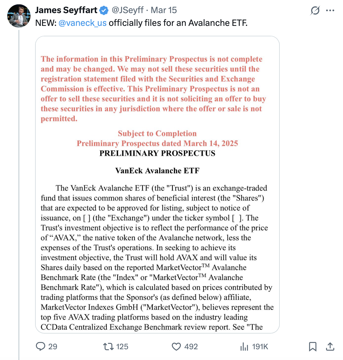 ETF 發行機構 VanEck 向 SEC 提交 Avalanche ETF 申請書
