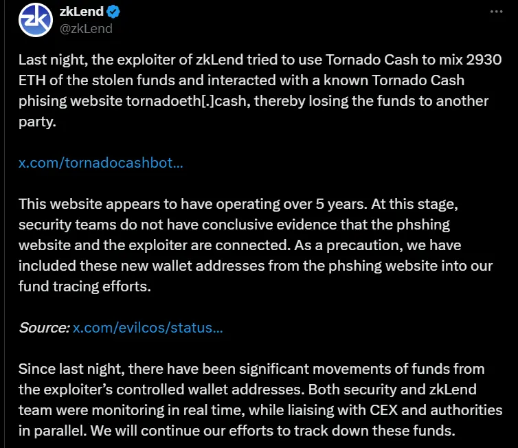 zkLend:已将钓鱼网站上的新钱包地址纳入资金追踪工作