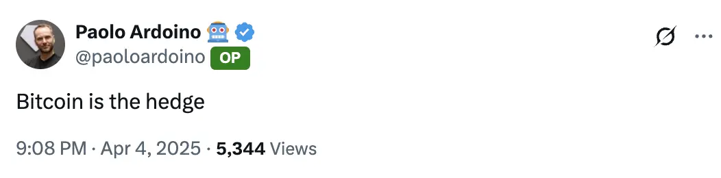 Tether CEO：比特币是一种对冲工具