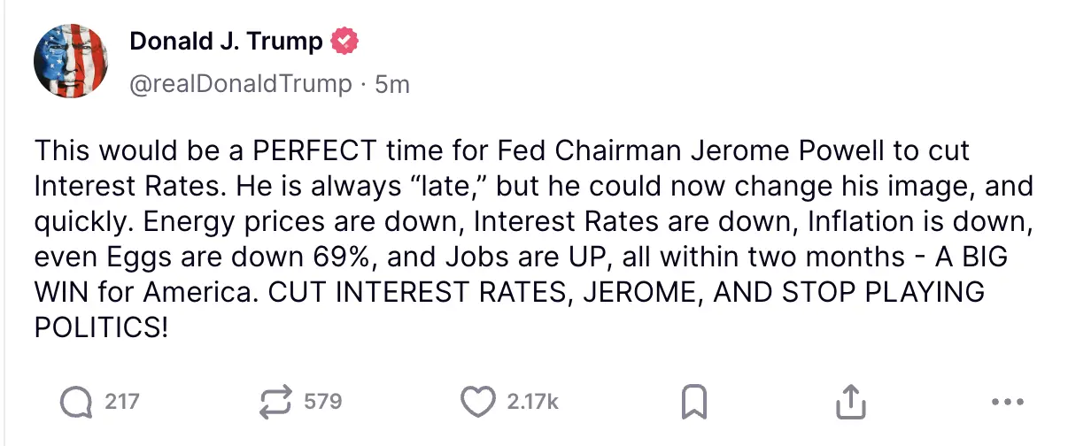 特朗普喊话鲍威尔:现在是降息的最佳时机