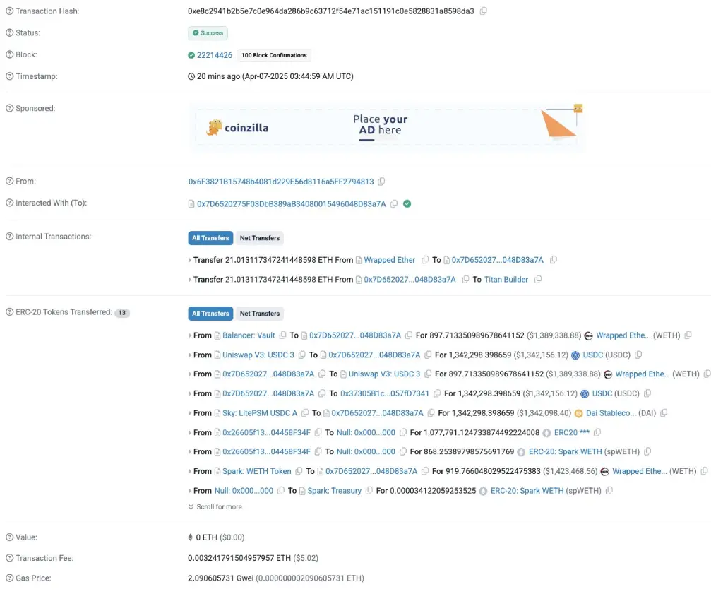 数据：某地址遭清算 919.77 枚 WETH，价值约 140 万美元