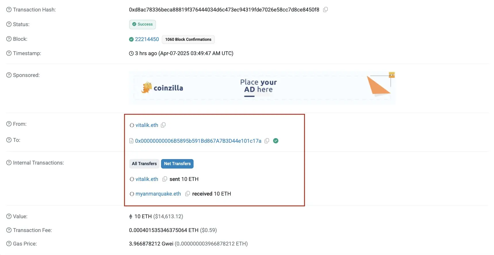 Vitalik.eth 捐赠 10 枚 ETH支持缅甸地震救援