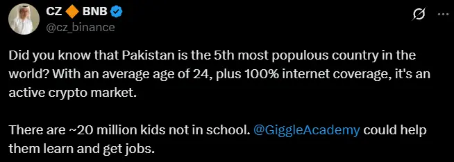 赵长鹏称巴基斯坦为“活跃加密市场”，Giggle Academy 项目有利教育普及