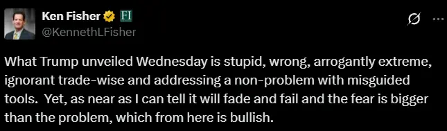亿万富翁肯·费舍尔批评关税政策愚蠢至极：市场或将像 1998 年股市一样最终迎来反弹