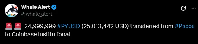 数据：Paxos 向 Coinbase Institutional 转移近 2500 万枚 PYUSD