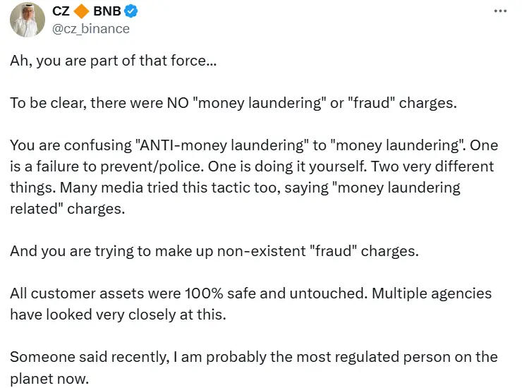 赵长鹏否认指控:未涉洗钱或欺诈