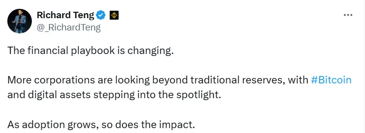 币安 CEO：企业开始关注传统储备以外领域，比特币和数字资产将成焦点