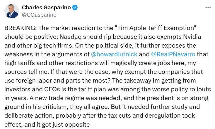 福克斯记者:纳指或因关税豁免大涨,关税政策仓促实施引发投资者不满