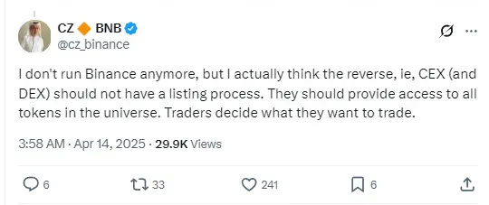 赵长鹏回应 OM 闪崩:不要追逐叙事,CEX 不应再有上币流程,投资者应自己决定交易品种