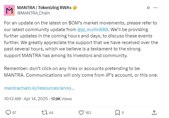 MANTRA:已确定 OM 市场波动由 CEX 对代币持有者强制关闭账户引发