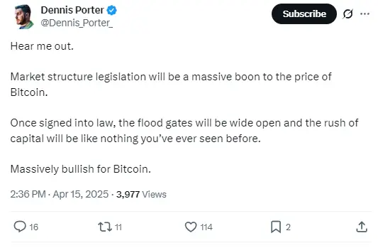 Satoshi Action Fund 联创：市场结构立法将为 BTC 带来巨大利好