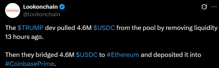 TRUMP 项目方 13 小时前通过移除流动性提取 460 万美元，并跨链到以太坊后存入 CoinbasePrime