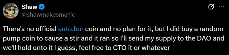 ai16z 创始人：目前还未推出官方 auto.fun 代币，购买的代币仅为造势