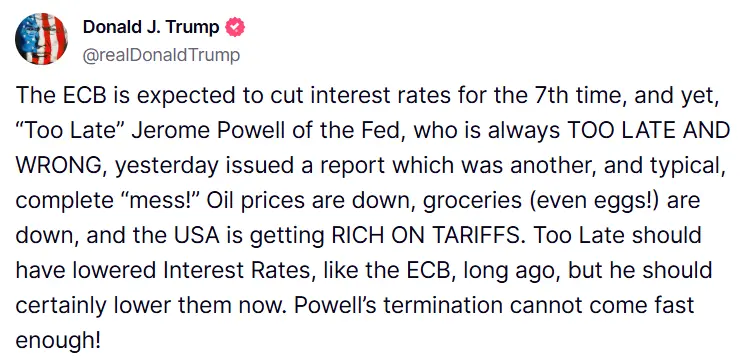 特朗普:鲍威尔应效仿欧洲央行降息,尽快终止鲍威尔的任期