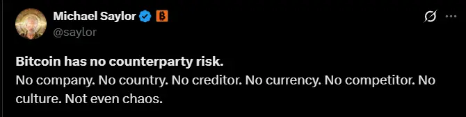 Strategy 创始人 Michael Saylor 强调比特币零对手风险