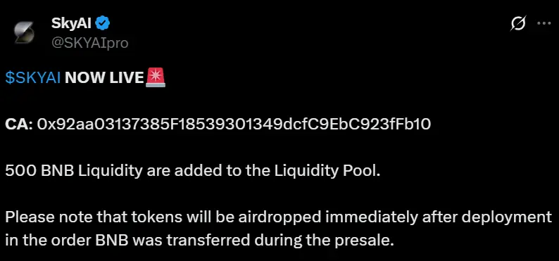 SKYAI 已正式上线,将按转账顺序进行空投