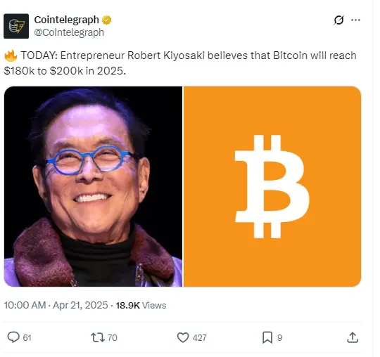 《富爸爸穷爸爸》作者：BTC 将在 2025 年达到 18 万至 20 万美元