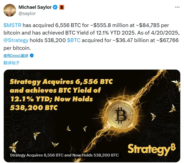 Strategy 花费 5.558 亿美元增持 6,556 枚 BTC