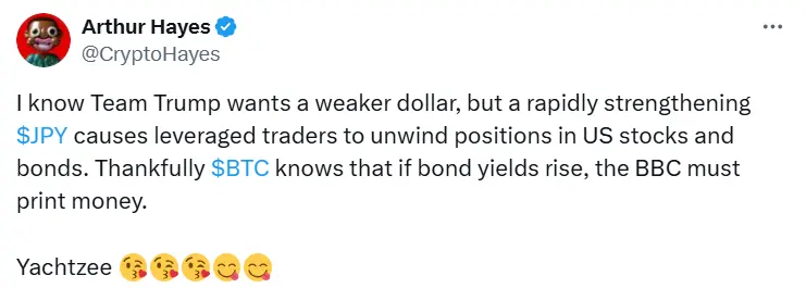 Arthur Hayes：日元走强或致杠杆交易者平仓美股和债券头寸