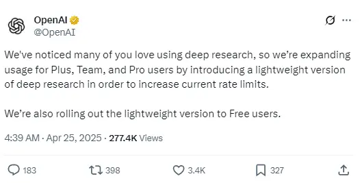 OpenAI 推出深度研究轻量版，目前已经向部分用户开放