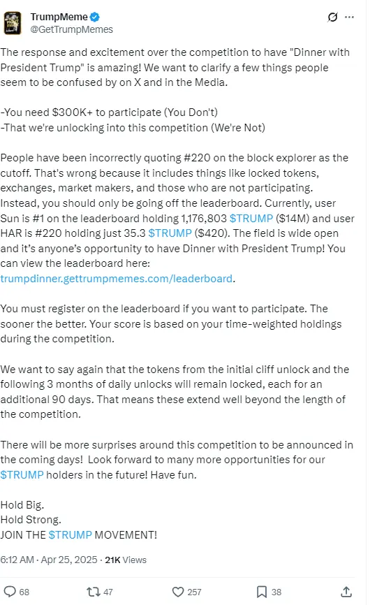 TRUMP 重申晚宴排名活动期间不会解锁代币，初始批次及后续 3 个月解锁均延长 90 天