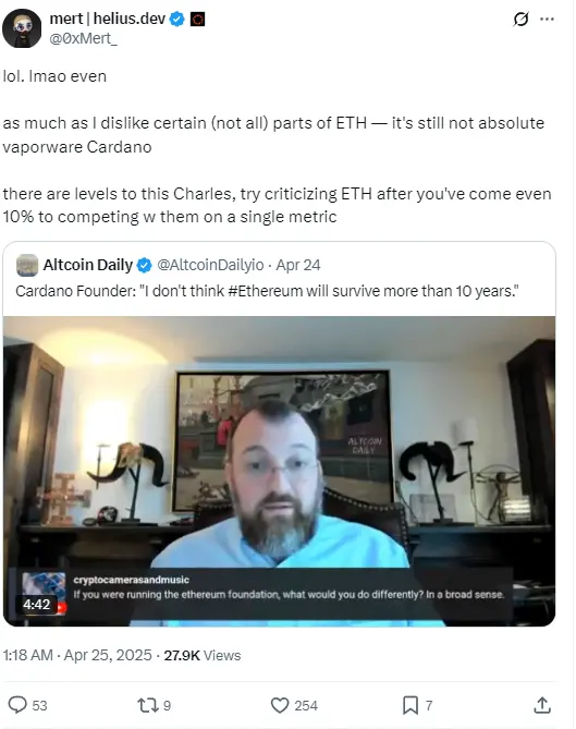 Helius CEO 回应 Cardano 创始人”以太坊存活不了 10 年”言论:建议先达 10% 竞争力再批评