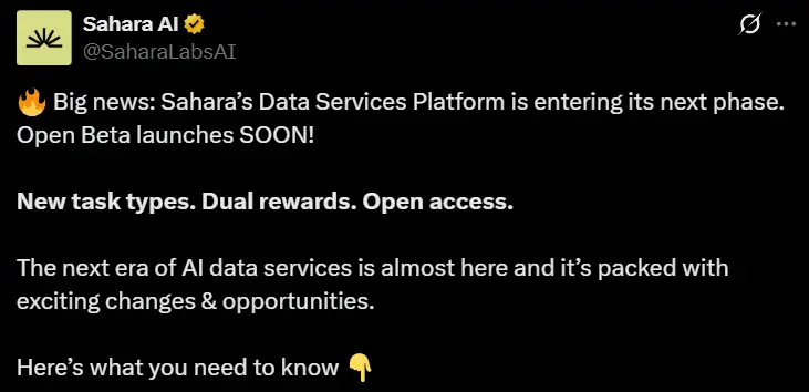 Sahara AI 数据服务平台将开放公测版本